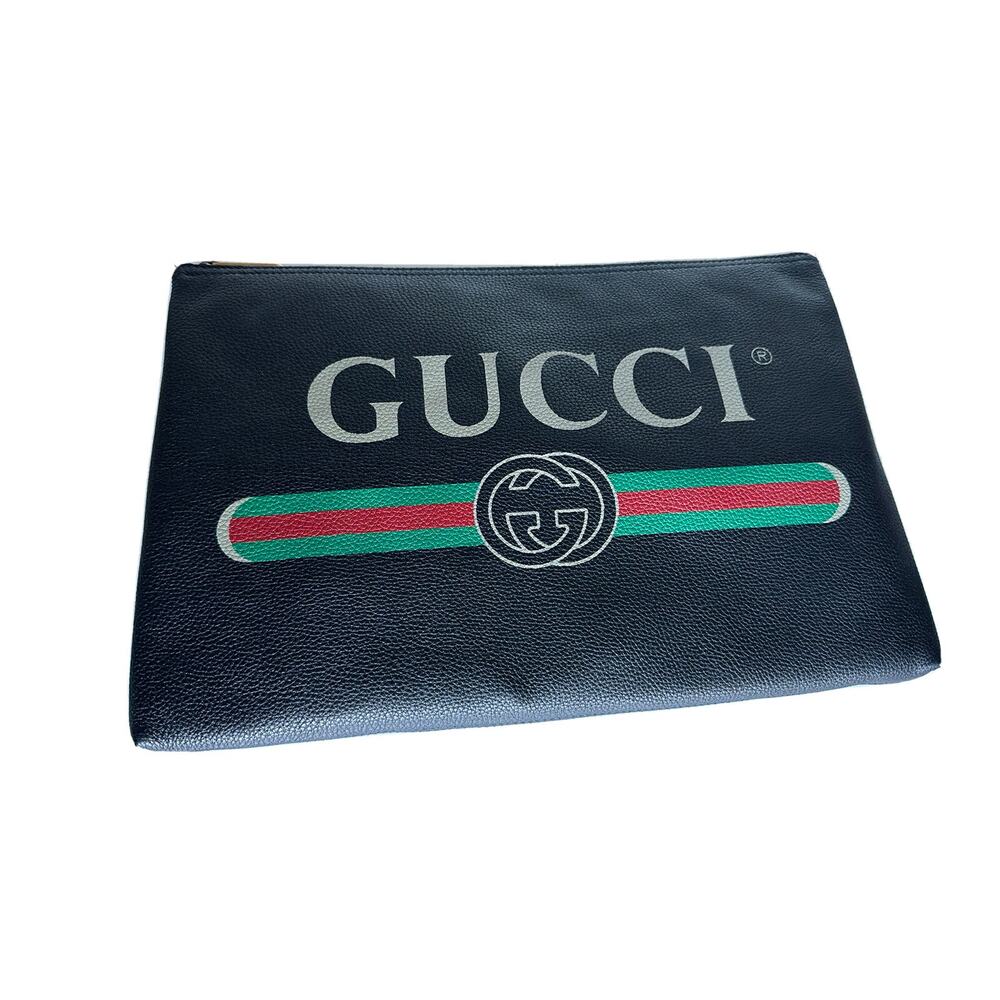 Gucci G Web Gucci Print Zip Around Black Pouch Made in Italy New